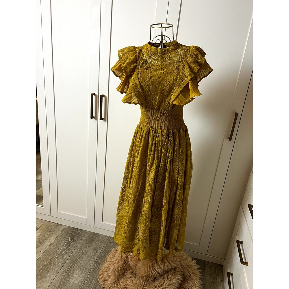 Yellow Lace Frill Sleeve High Neck Midi Dress Size L